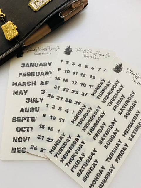 Month, Day & Date Headers - Distress Font